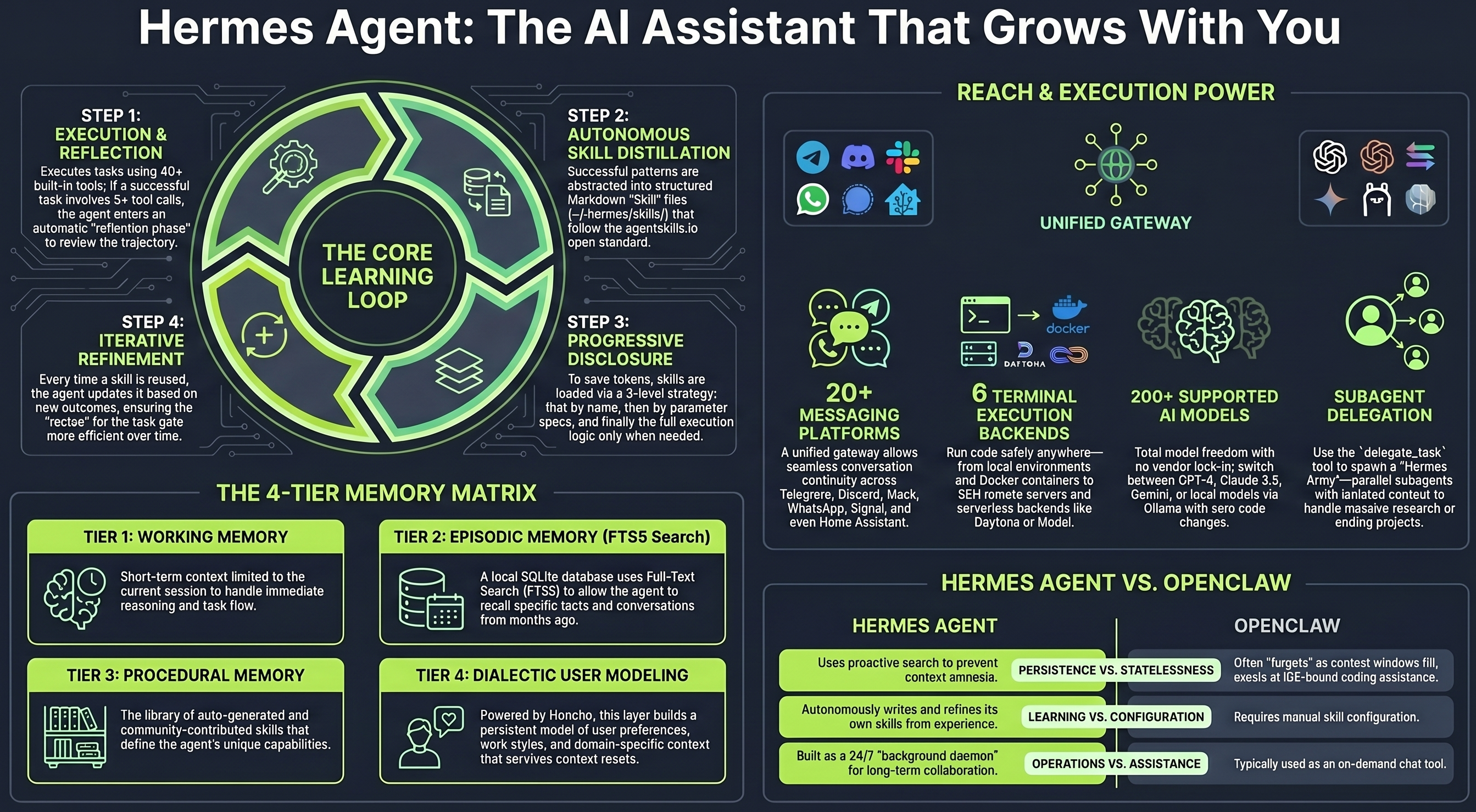 Infographic comparing Hermes Agent, OpenClaw, and Paperclip architectures, features, and use cases