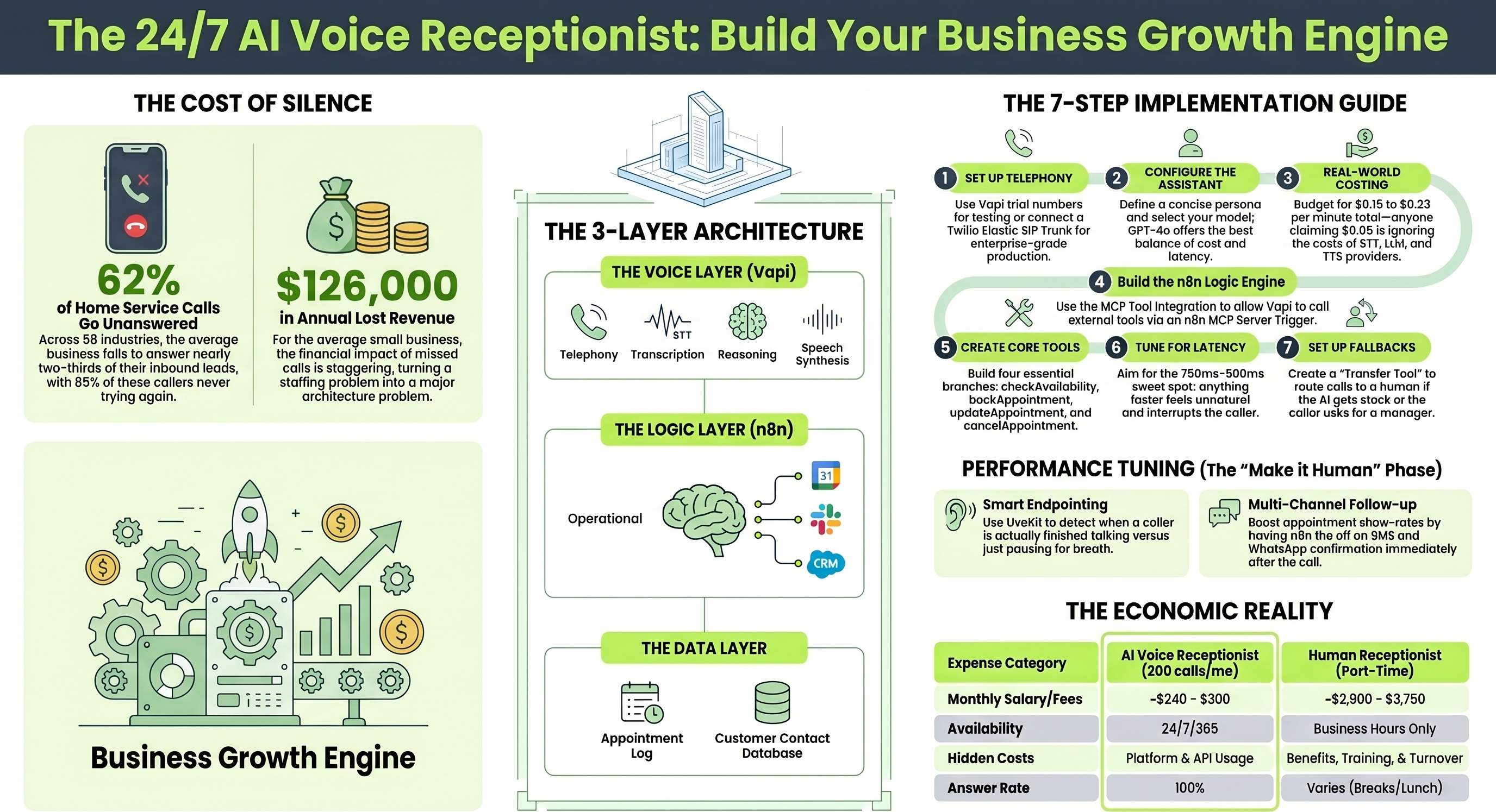 Infographic: 7 step build process for an AI voice receptionist covering telephony setup, Vapi assistant configuration, n8n MCP server, tool definitions, latency tuning, and fallback handling
